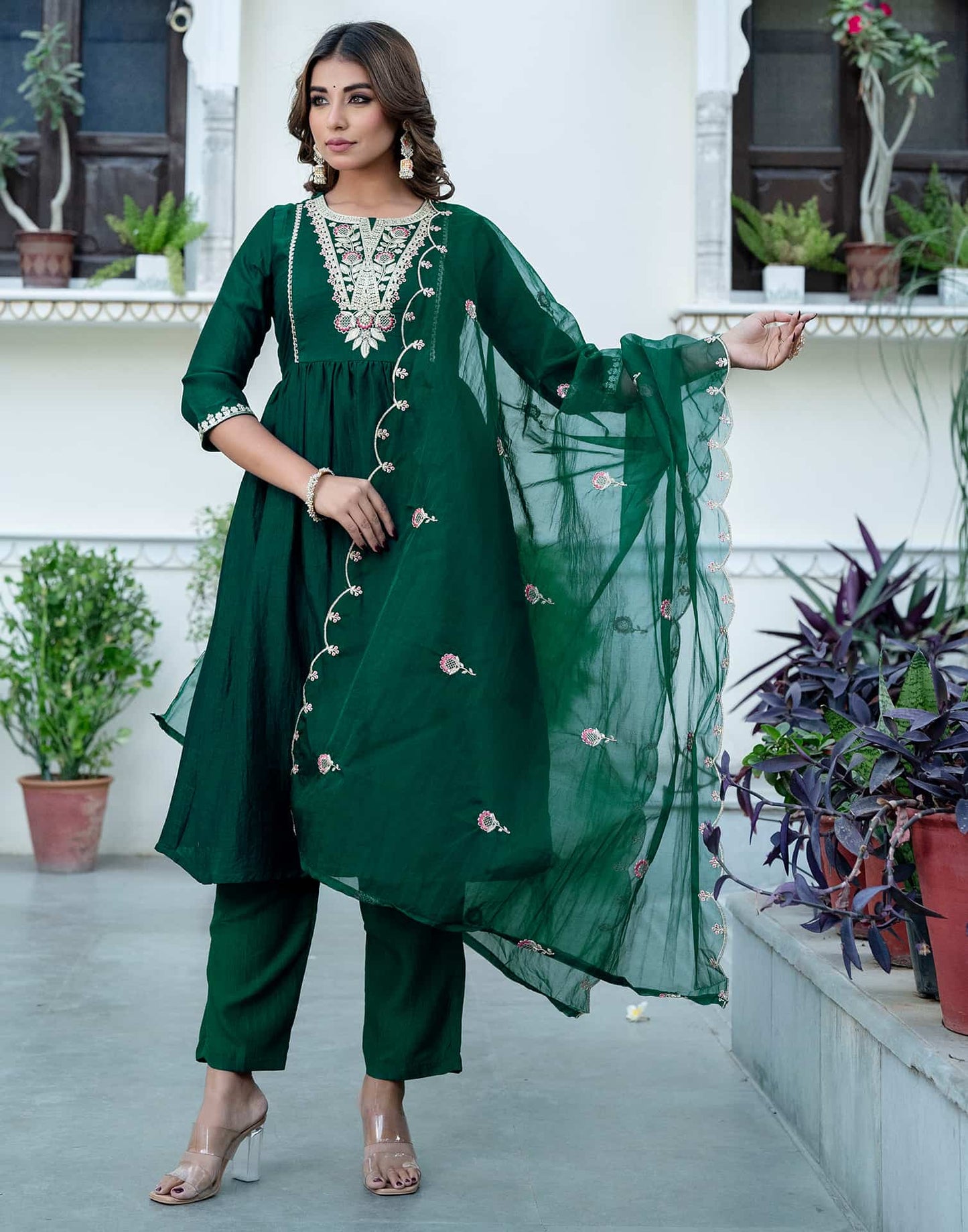 Silk Blend Embroidered Anarkali Kurta with Pant & Dupatta