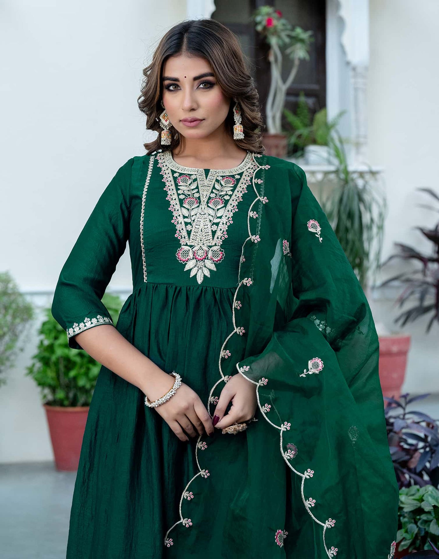 Silk Blend Embroidered Anarkali Kurta with Pant & Dupatta
