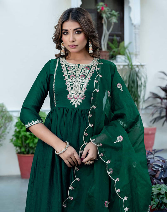 Silk Blend Embroidered Anarkali Kurta with Pant & Dupatta