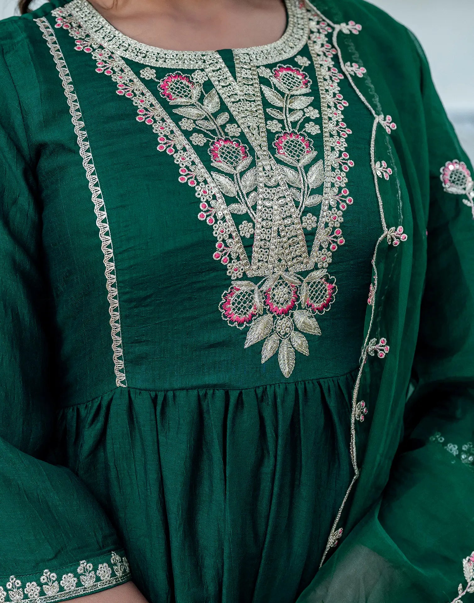 Silk Embroidered A-Line 3 Piece Kurta Set