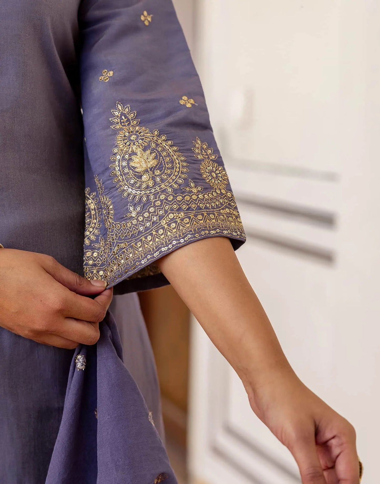 Silk Blend Embroidery and Sequins Work Straight Kurta with Pant & Dupatta