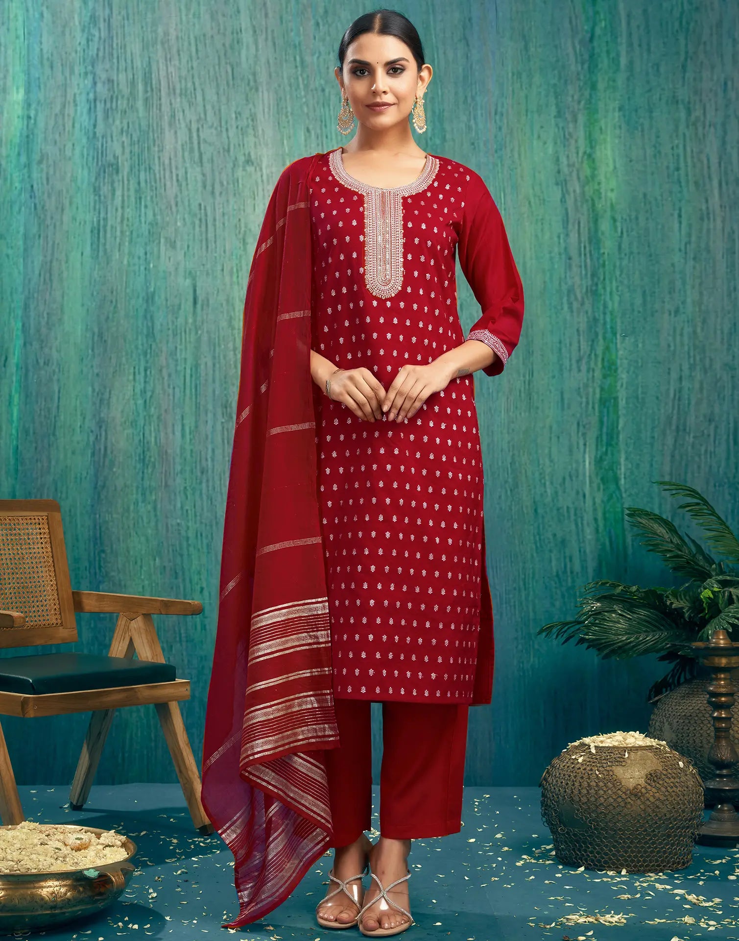 Silk Blend Embroidered Straight 3 Piece Kurta Set