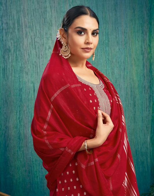 Silk Blend Jacquard, Sequins and Embroidery Work Straight Kurta with Pant & Dupatta