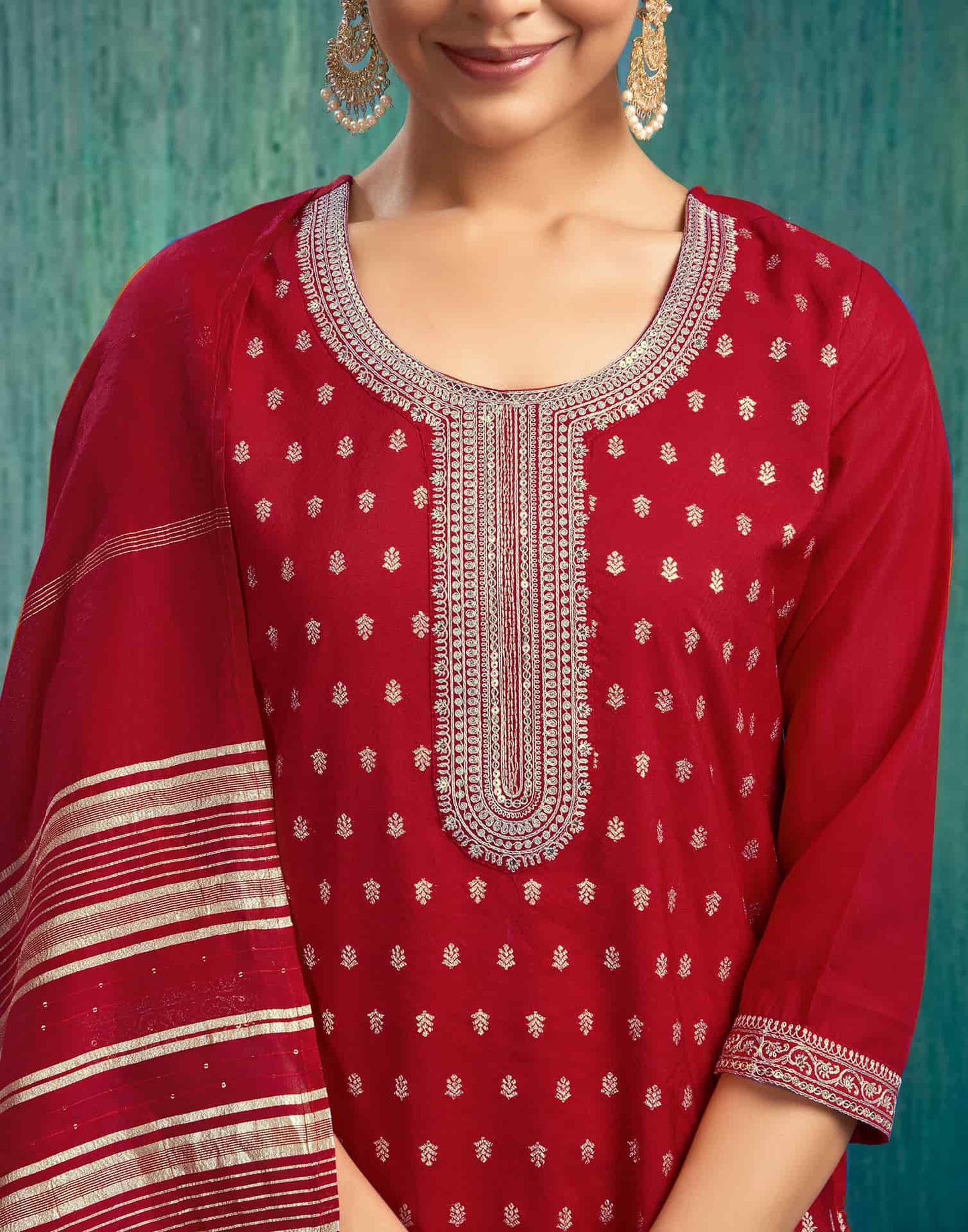 Silk Blend Jacquard, Sequins and Embroidery Work Straight Kurta with Pant & Dupatta