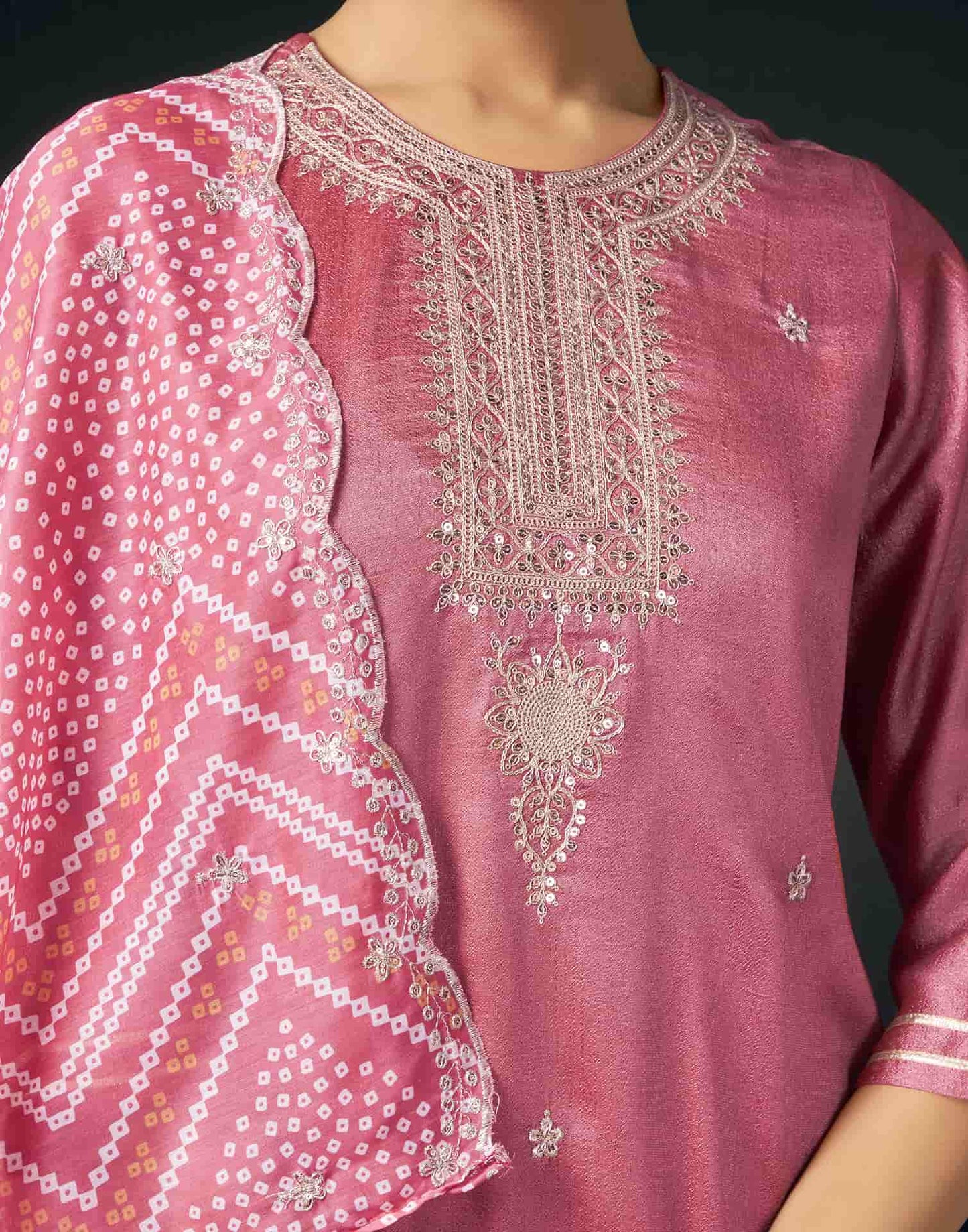 Silk Blend Embroidered Straight Kurta with Pant & Dupatta