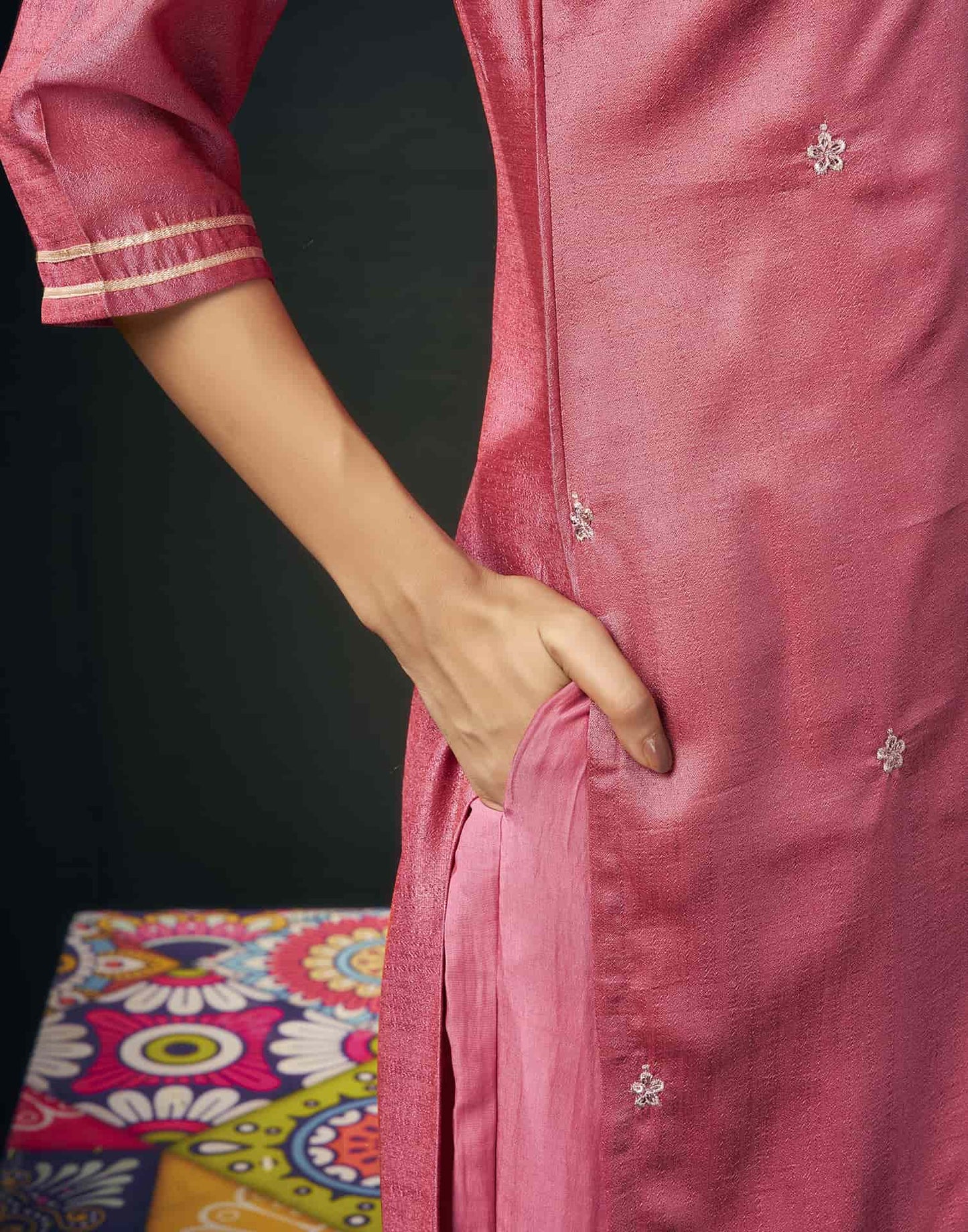 Silk Blend Embroidered Straight Kurta with Pant & Dupatta
