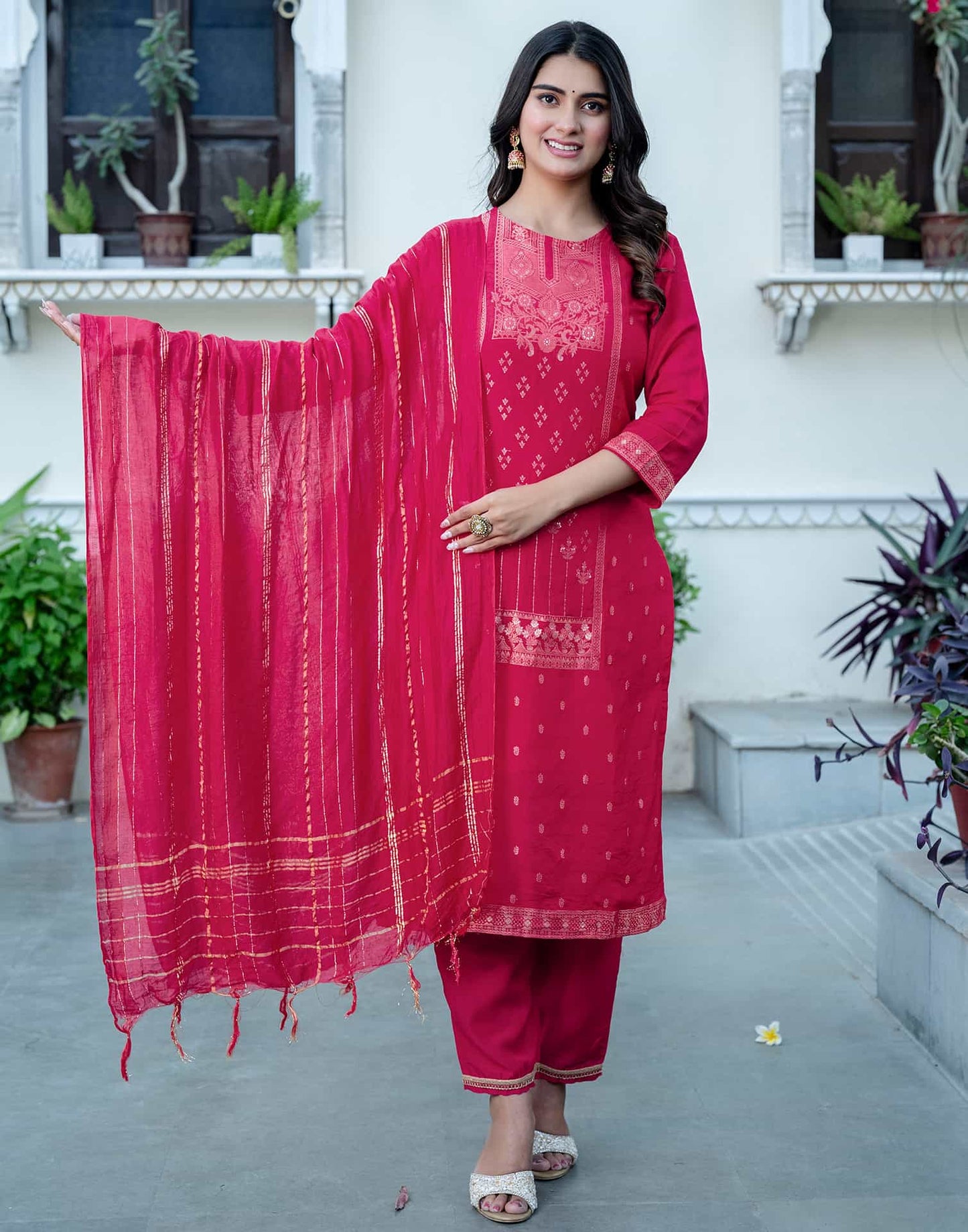 Silk Blend Woven Straight Kurta with Pant & Dupatta