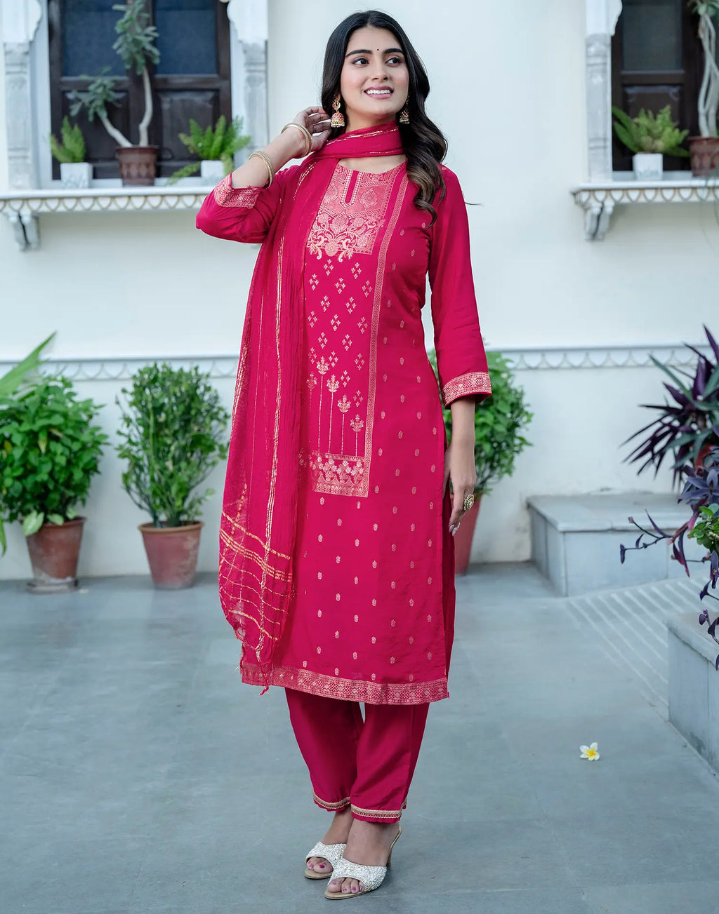 Silk Blend Foil Print Straight 3 Piece Kurta Set