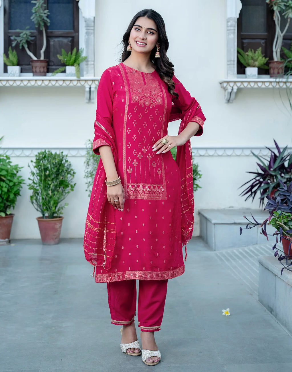 Silk Blend Foil Print Straight 3 Piece Kurta Set