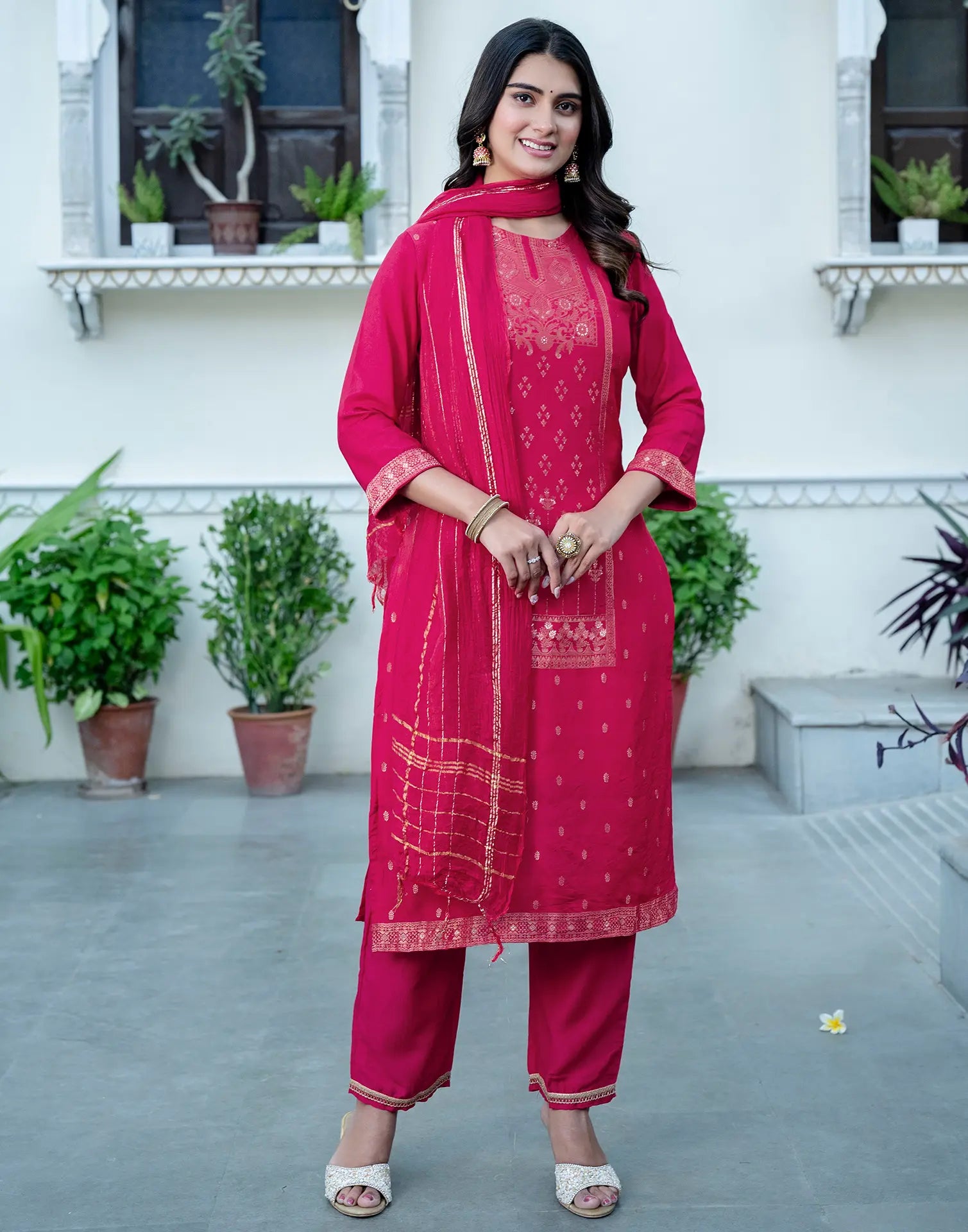 Silk Blend Foil Print Straight 3 Piece Kurta Set