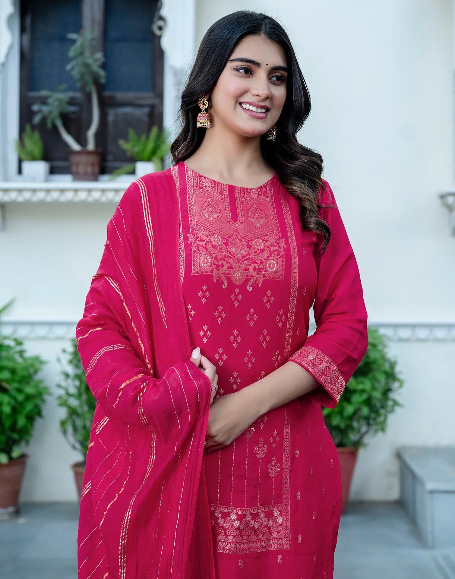Silk Blend Foil Print Straight 3 Piece Kurta Set