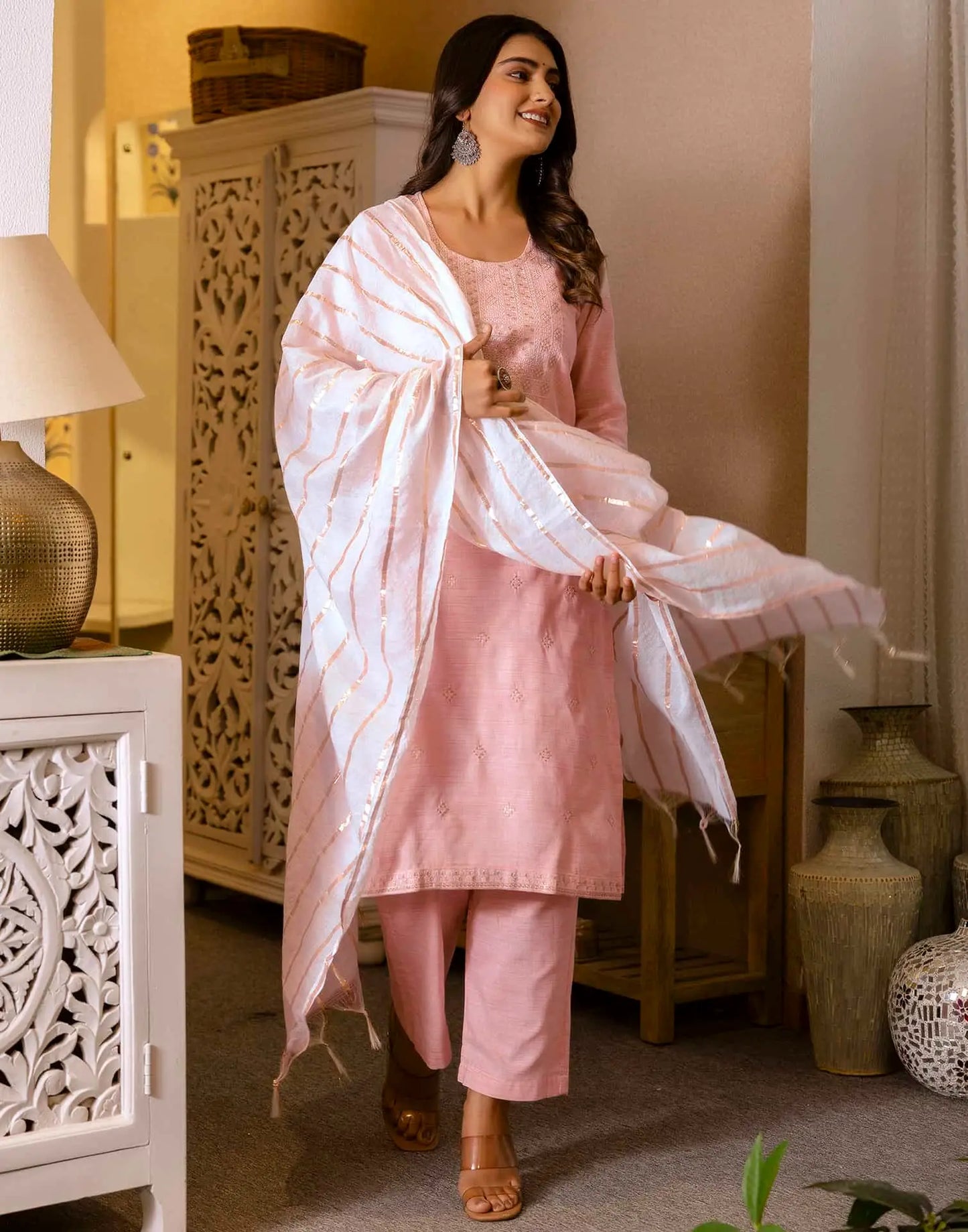 Pink Cotton Woven Design Straight Kurta Set for Women with Pant and Dupatta