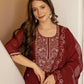 Maroon Silk Embroidered Straight Kurta Set with Pant & Dupatta for Women