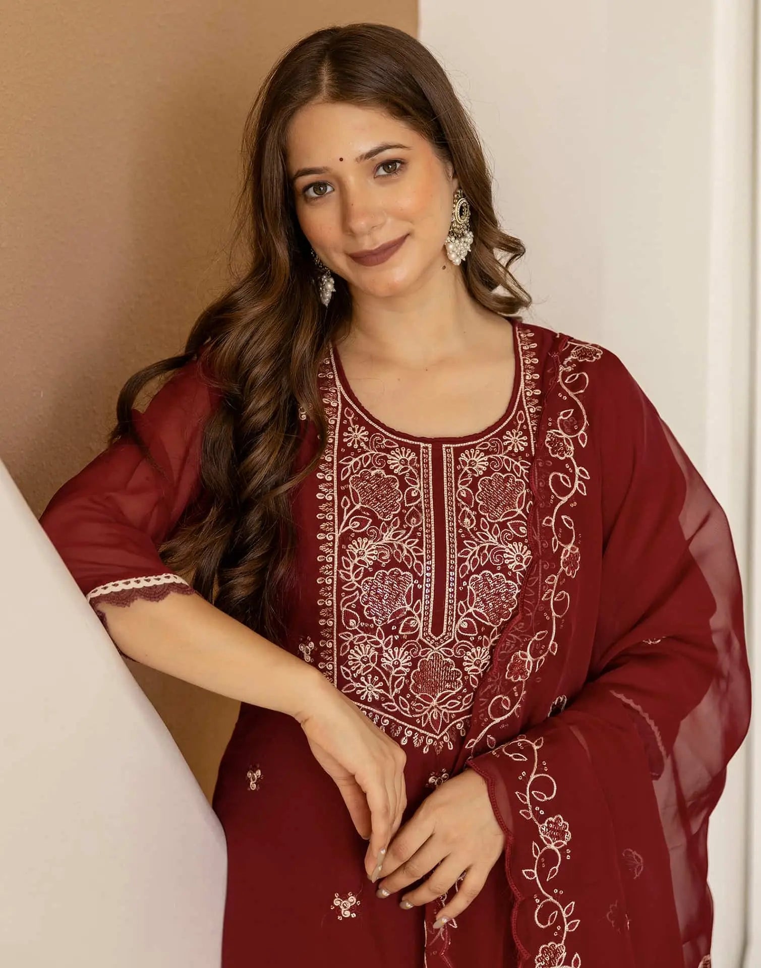 Maroon Silk Embroidered Straight Kurta Set with Pant & Dupatta for Women