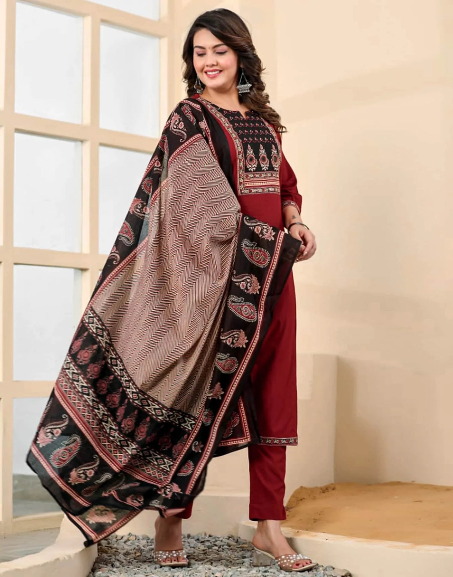 Maroon Cotton Printed Straight Kurta Set with Pant & Dupatta