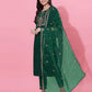 Dark Green Velvet Straight Kurta Set with Pants & Dupatta under 1000