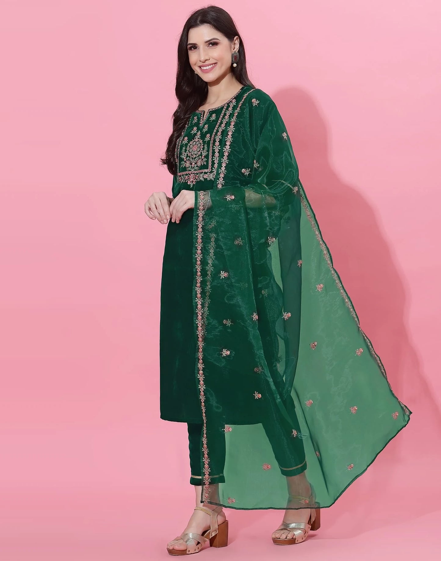 Dark Green Velvet Straight Kurta Set with Pants & Dupatta under 1000