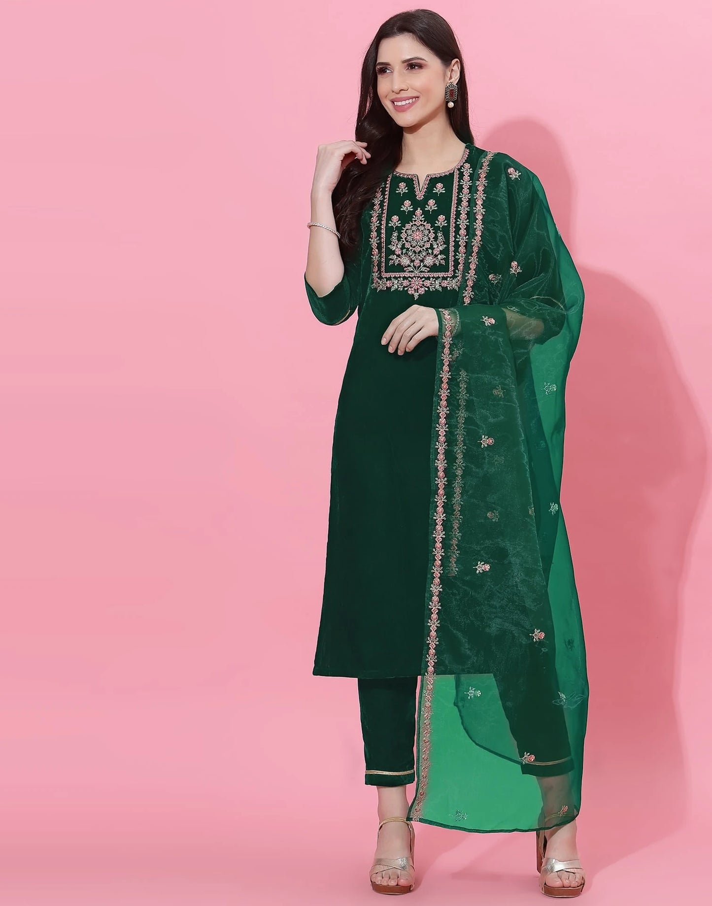 Dark Green Velvet Straight Kurta Set with Pants & Dupatta under 1000
