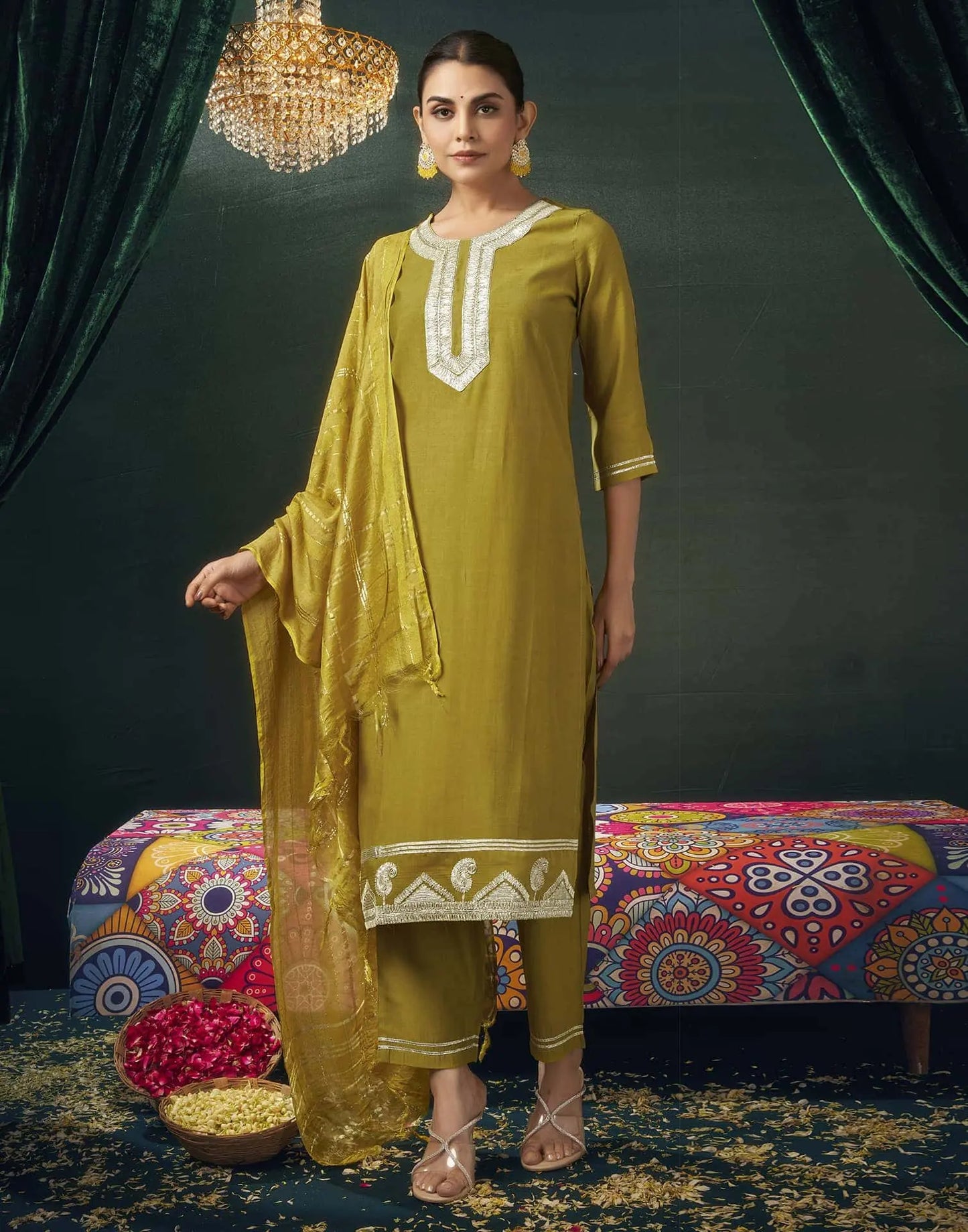 Affordable Mustard Chanderi round neck kurti set dupatta