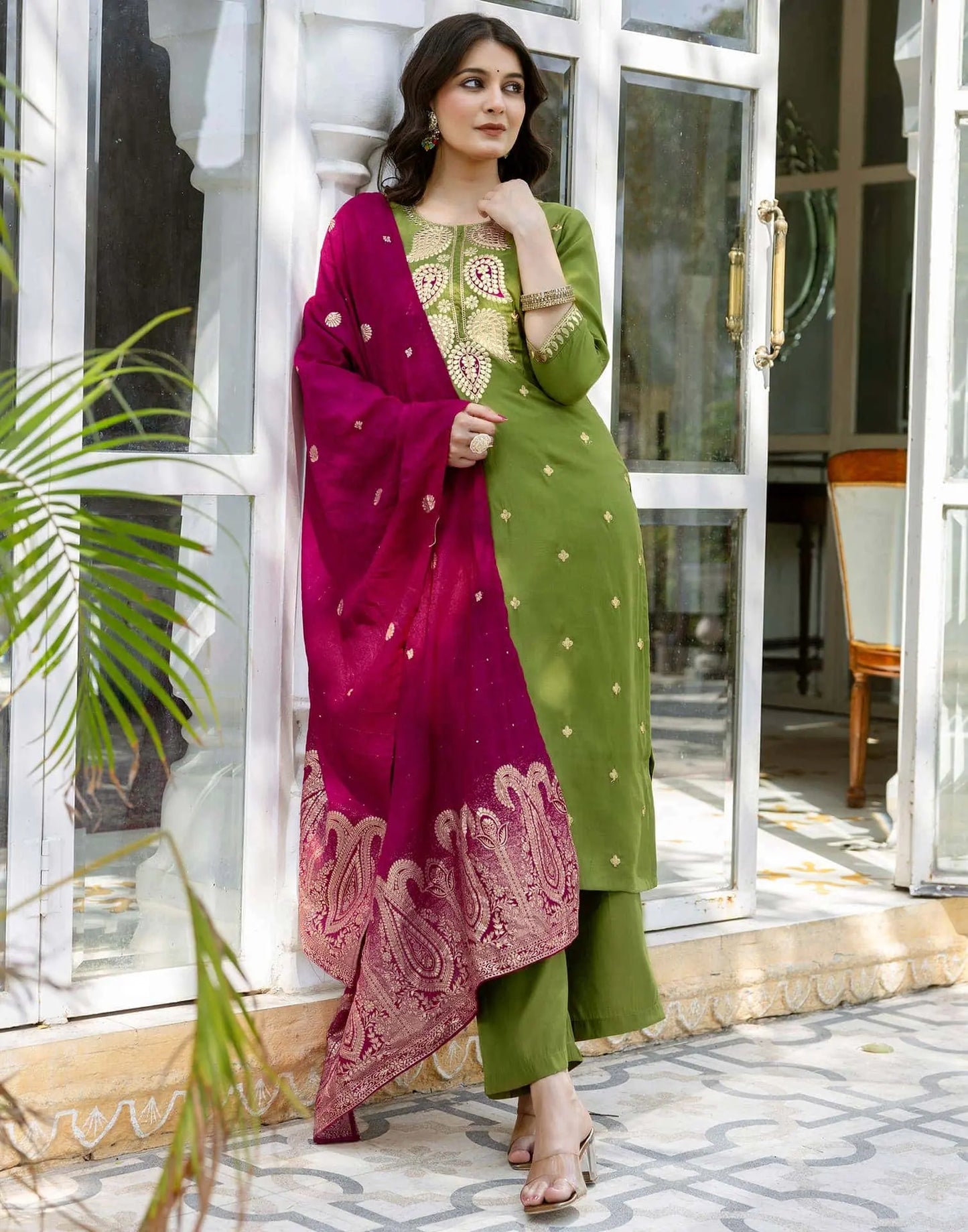 Budget friendly olive green silk embroidered kurta set