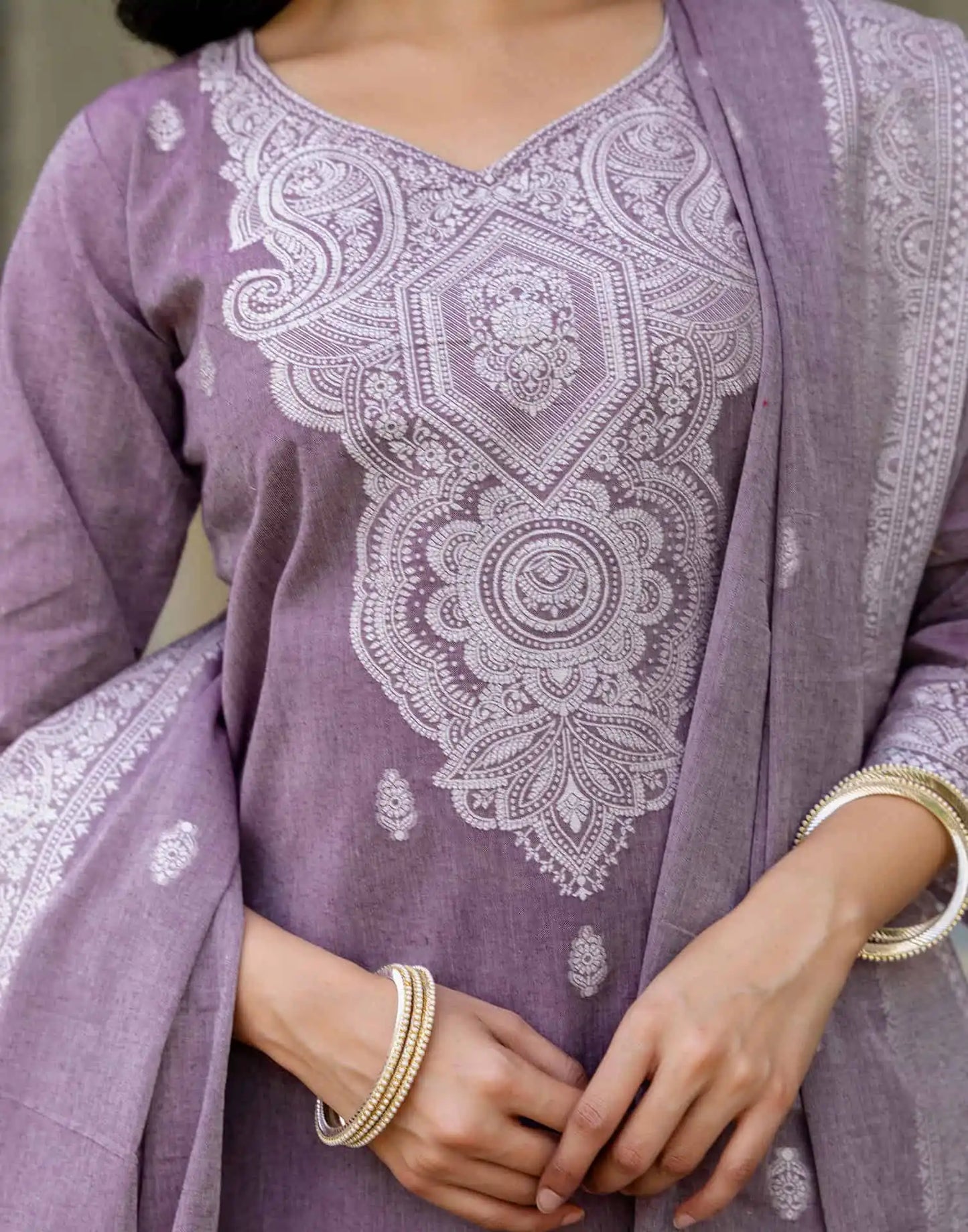 V Neck Cotton Kurta Set with Dupatta Under 1299 for Festive Wear