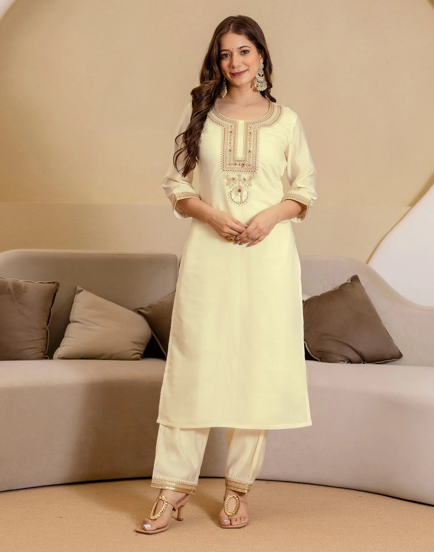 Affordable Beige Silk Embroidered Straight Kurta Set under 1299