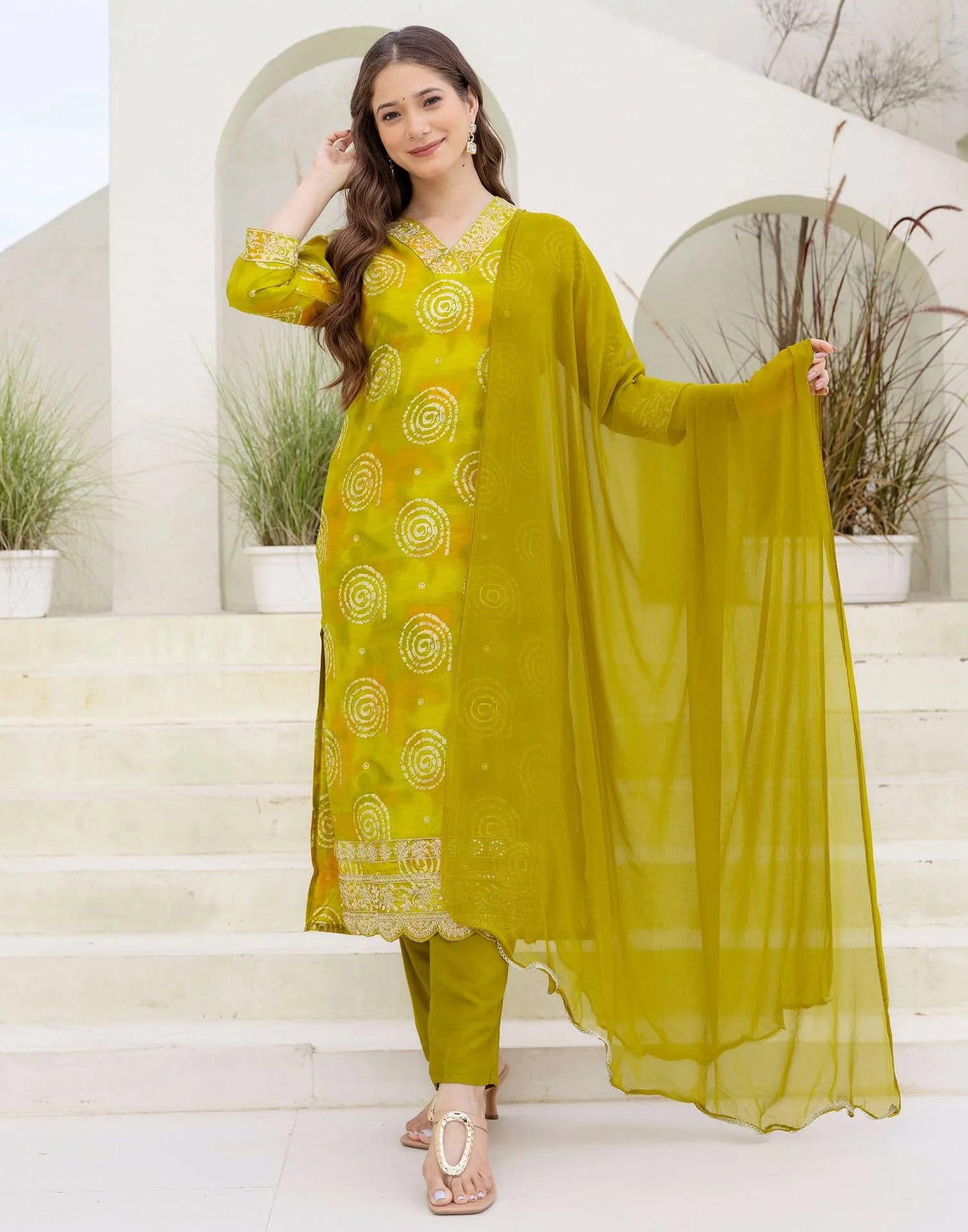 Cotton Blend Printed Straight Kurta with Pant & Dupatta