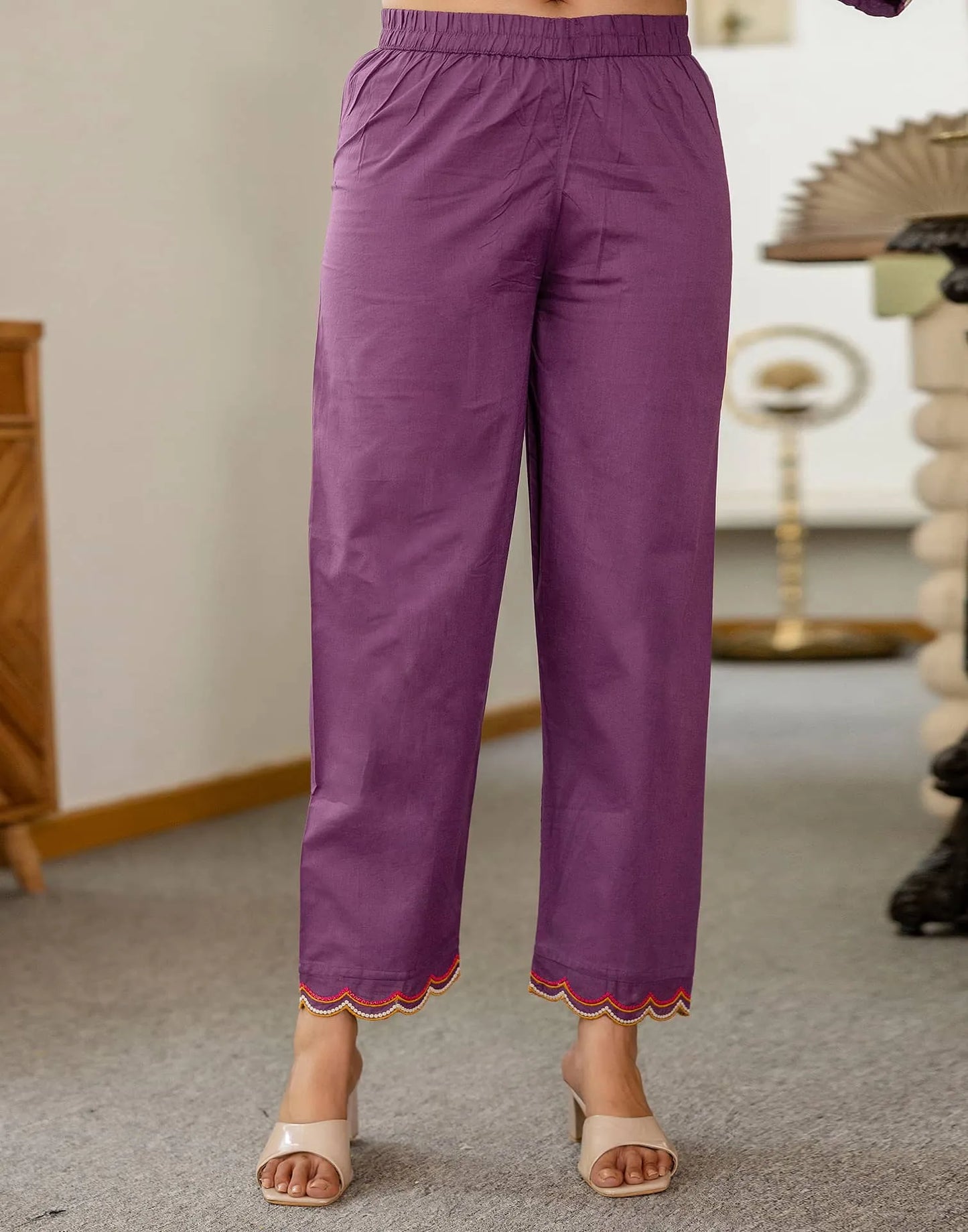 Skylee Purple Cotton Embroidered Straight Kurta with Pant & Dupatta