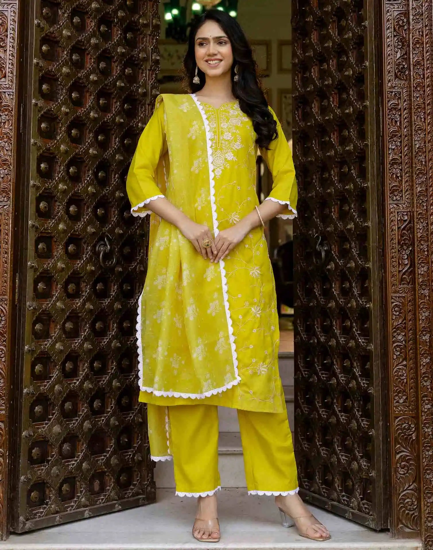 Yellow Cotton Blend Embroidery and Sequins Work Straight Kurta Set for Women