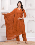 Skylee Pure Cotton Sequins Angarkha 3 Piece Kurta Set For Woman