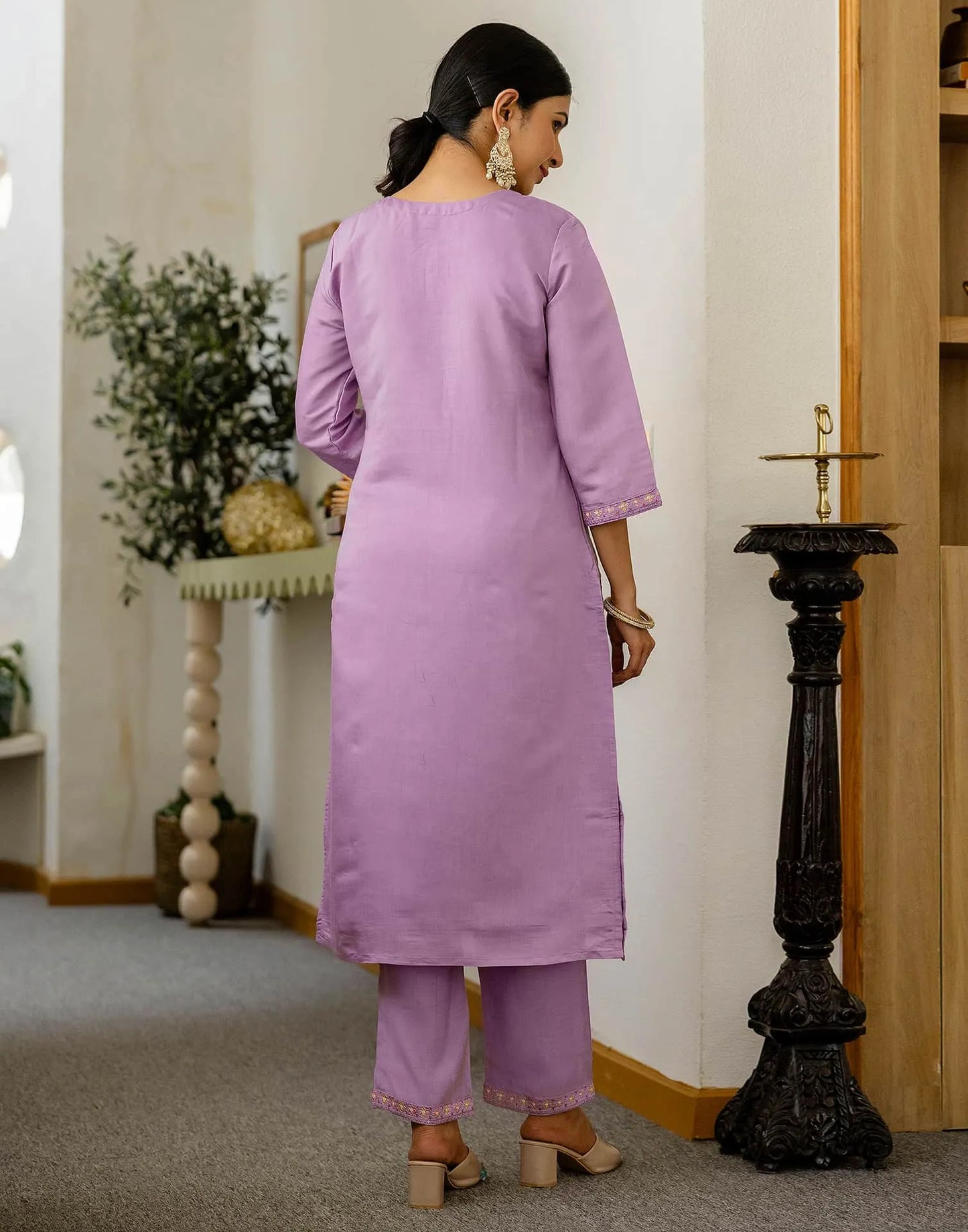 skylee Affordable Purple Silk Embroidered Round-Neck Straight Kurti with Pant & Dupatta under 999