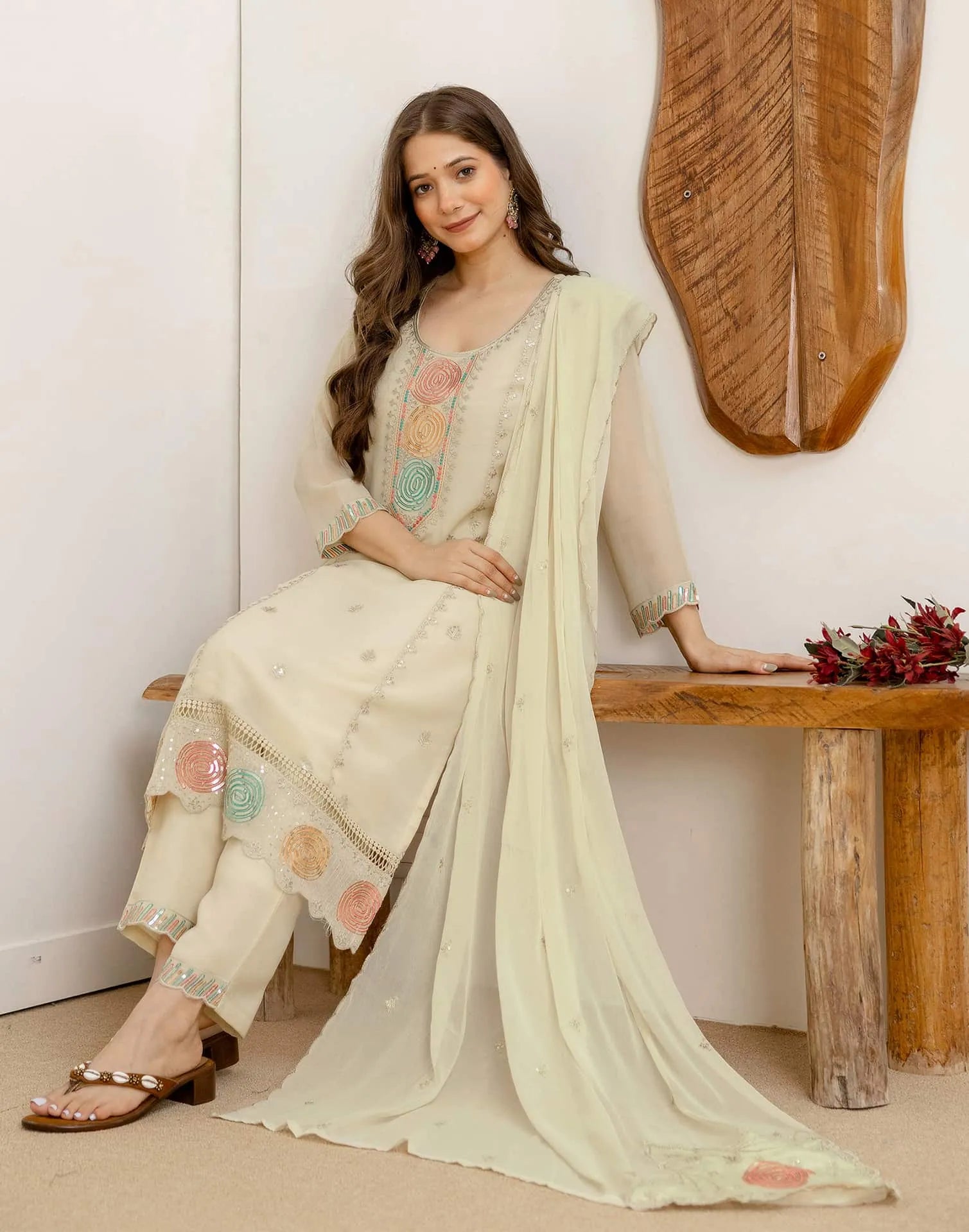 Beige Georgette Embroidered Kurta Set with Pant & Dupatta under 1299