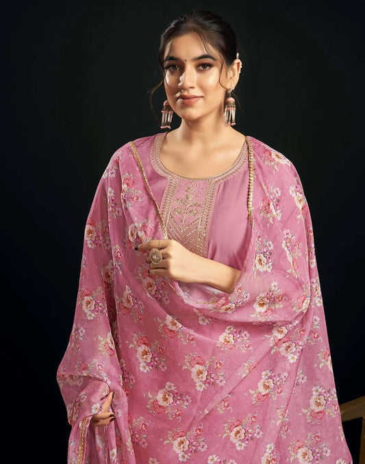 Affordable Pink Chanderi Embroidered Kurta Set with dupatta 