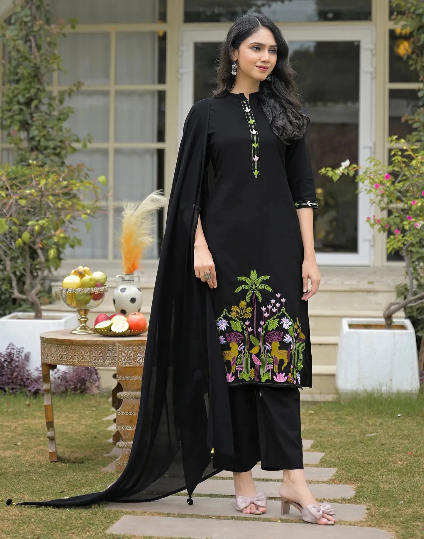 Cotton Embroidered Mandarin Collar Straight Kurta with Pant & Dupatta