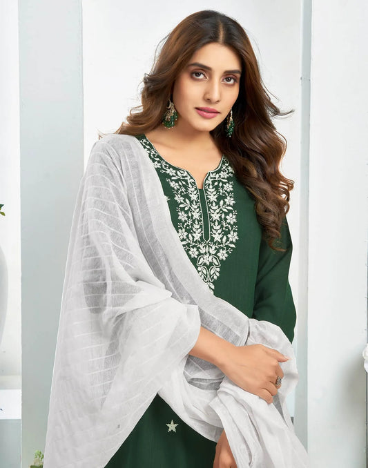 Cotton Blend Embroidered Straight Kurta with Pant & Dupatta
