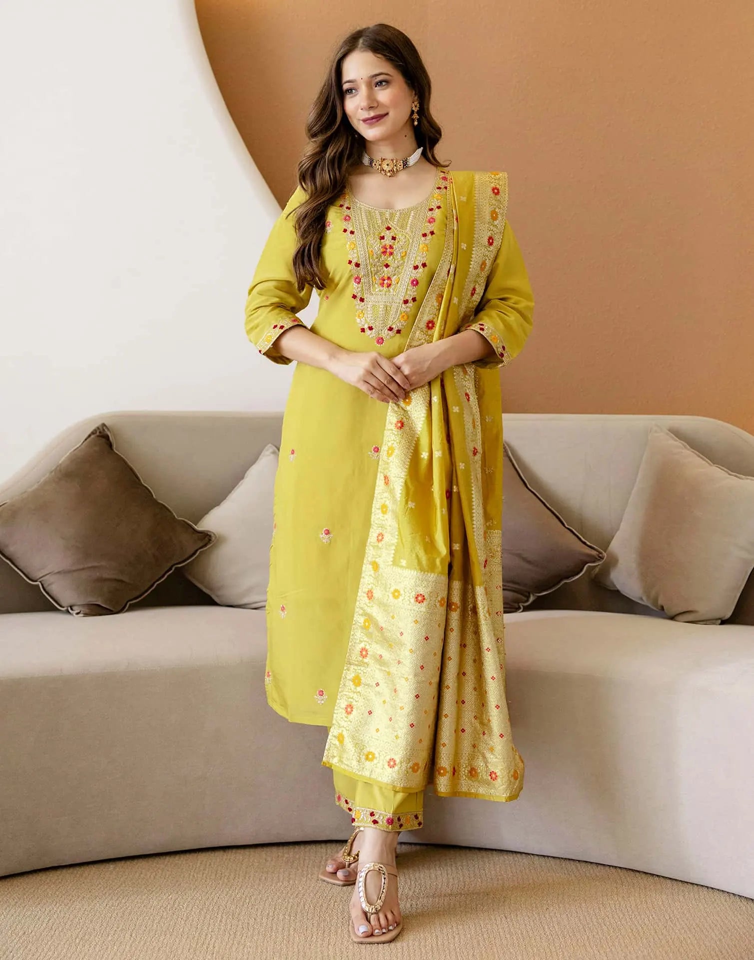 Yellow Silk Embroidered Straight Kurta Set with Pant & Dupatta for Women under 1299