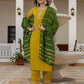 Yellow Silk Embroidered Straight Kurta with Pant and Dupatta