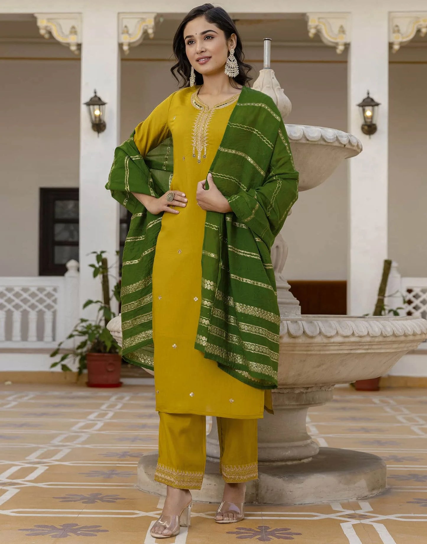Yellow Silk Embroidered Straight Kurta with Pant and Dupatta