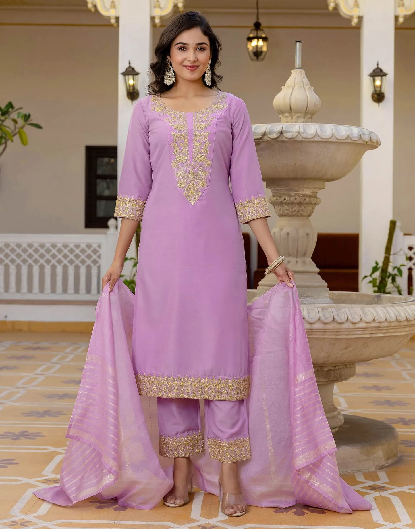 Silk Blend Embroidery Work and Embroidery Lace Straight Kurta with Pant & Dupatta