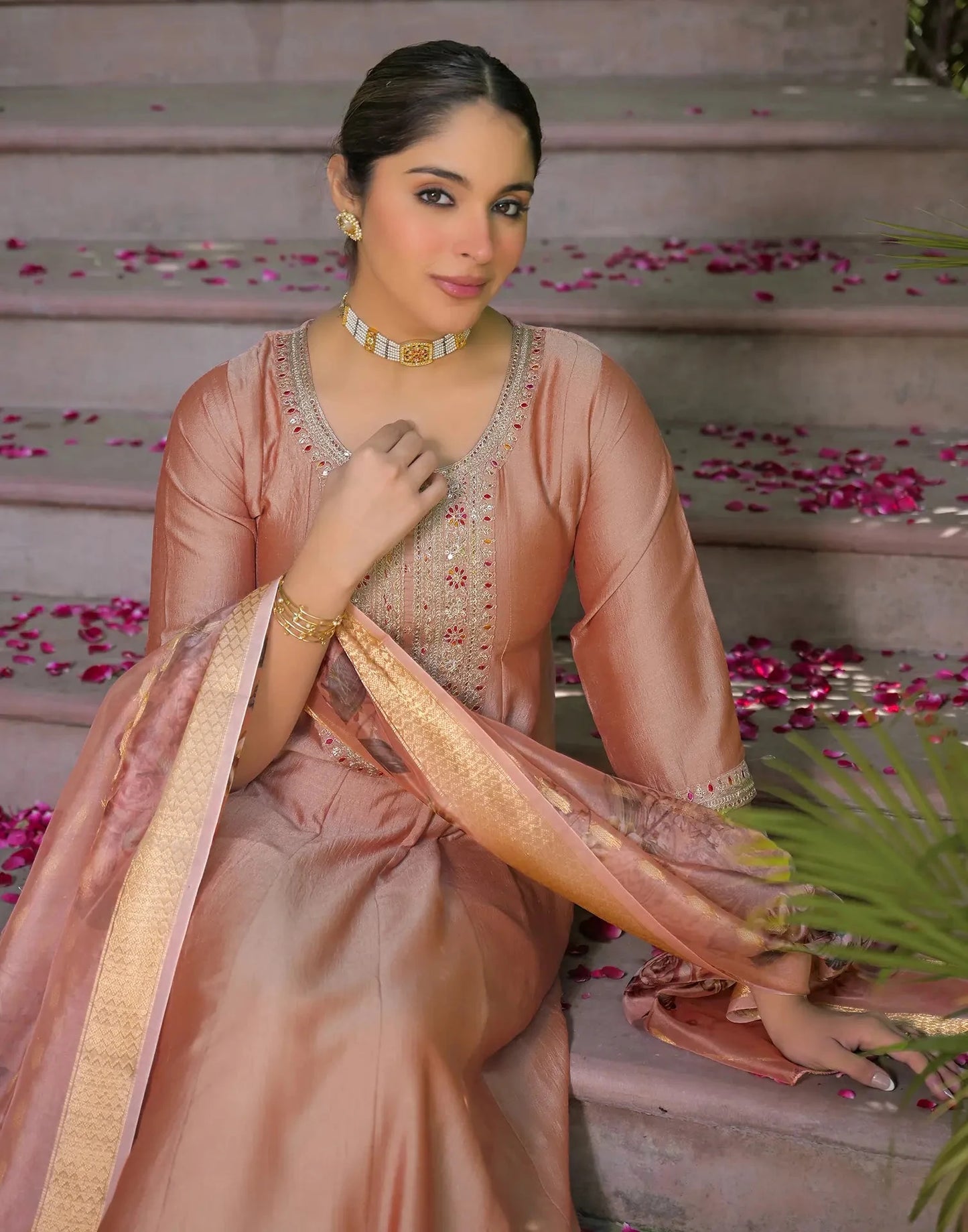 Silk Embroidered Round Neck Flared Kurta with Pant & Dupatta