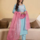Blue Silk Blend Embroidered Straight Kurta with Pant & Dupatta