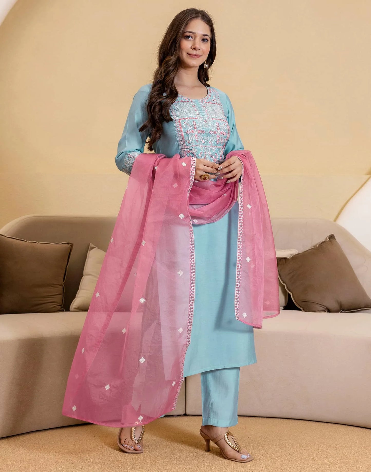 Blue Silk Blend Embroidered Straight Kurta with Pant & Dupatta