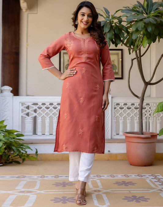 Cotton Embroidered Straight Kurti