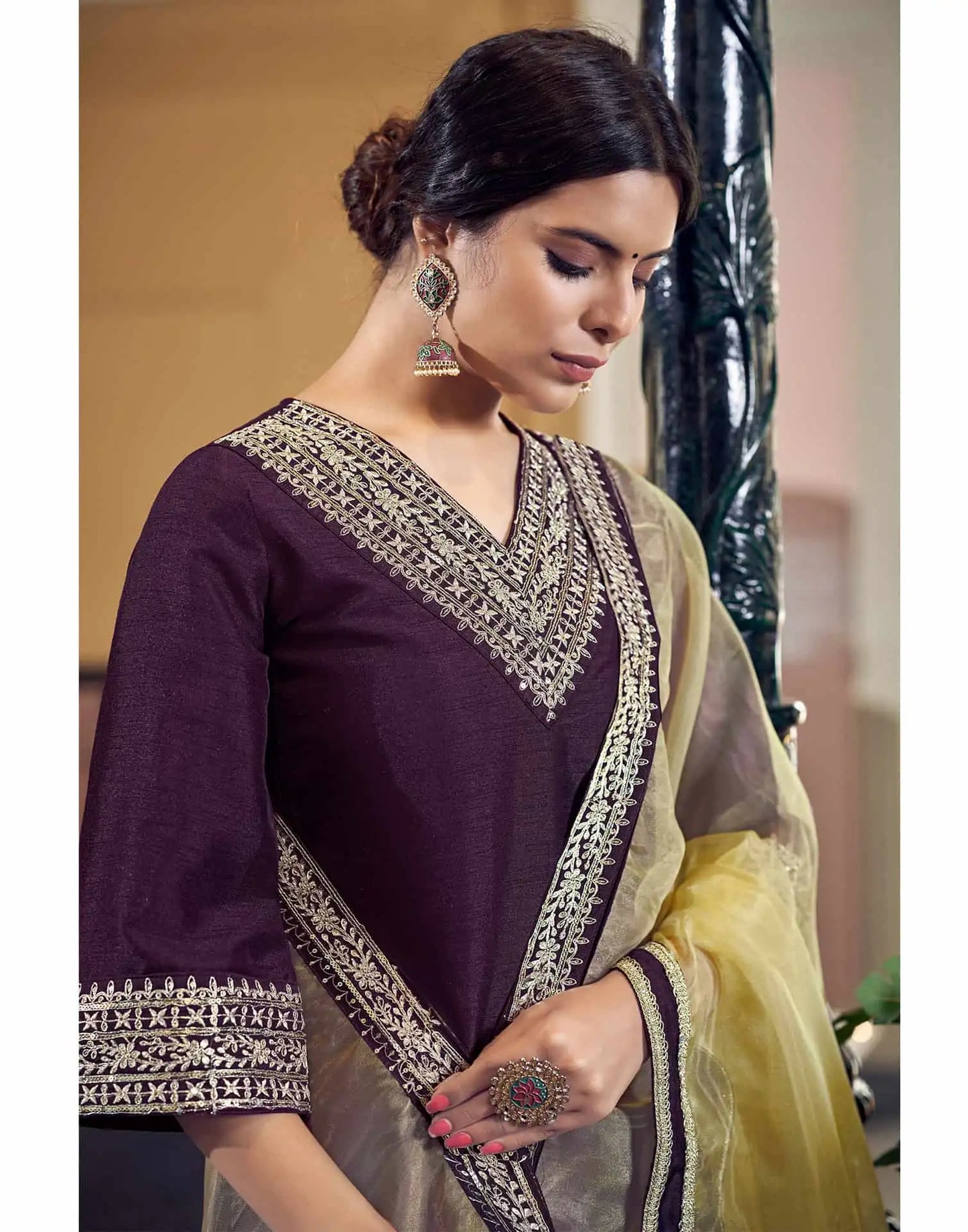 Silk Blend Sequins Embroidery Lace Straight Kurta with Pant & Dupatta