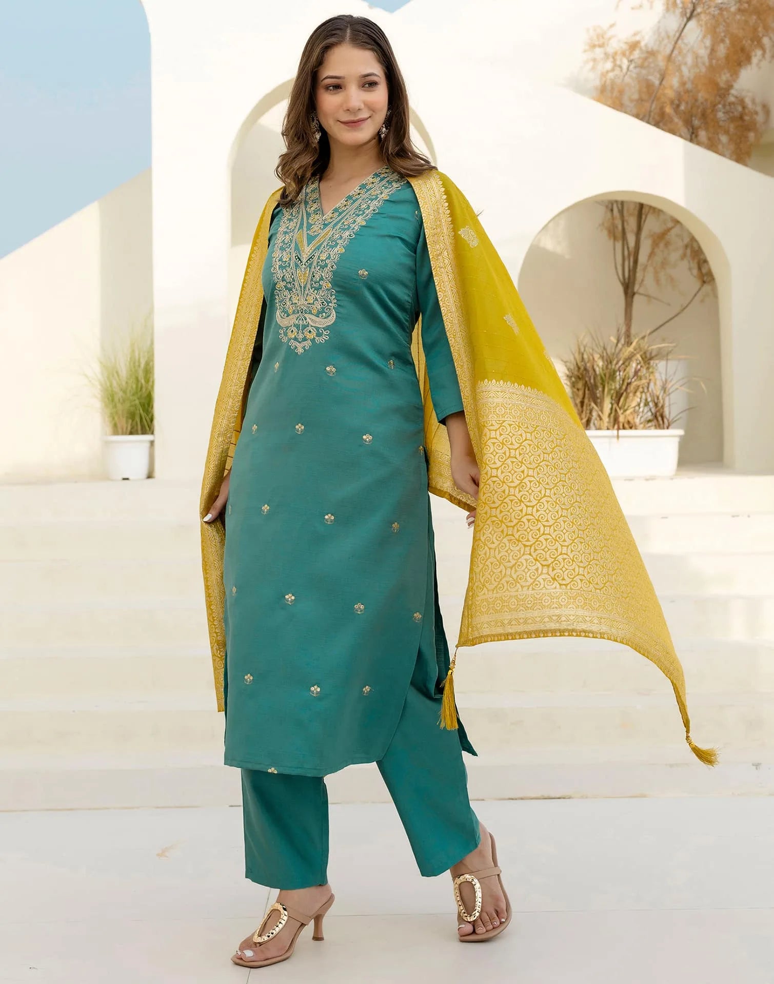 Affordable Green Silk Embroidered Straight Kurta Set V-Neck Silk Kurti with Pant & Dupatta