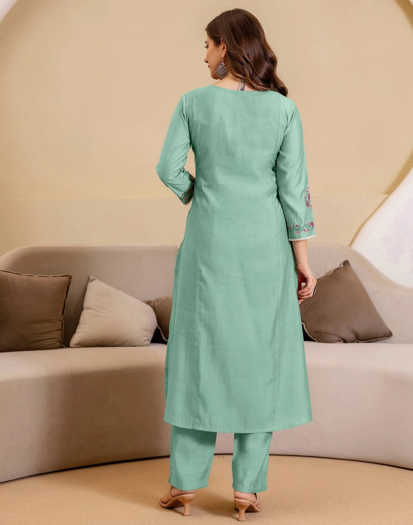 Green Silk Embroidered Straight Kurta Set with Pant and Dupatta