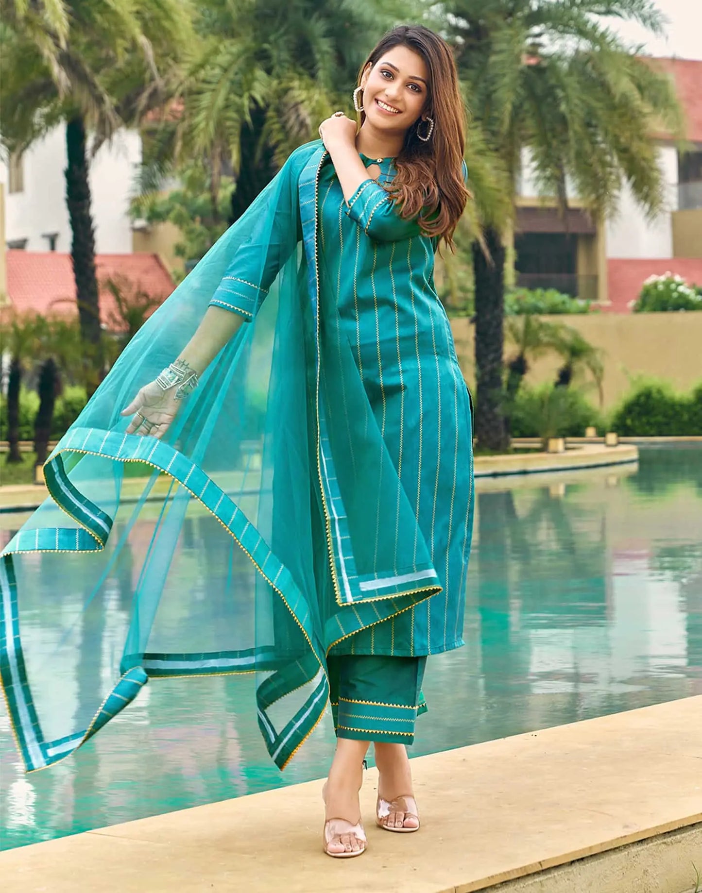 Silk Blend Foil Print and Lace Straight Kurta with Pant & Dupatta