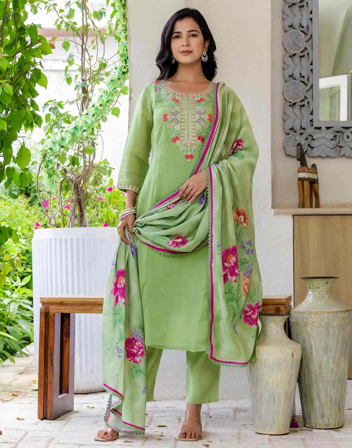Silk Embroidered A-Line Kurta with Pant & Dupatta