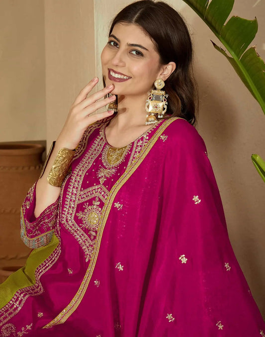 Silk Embroidered Straight Kurta with Pant & Dupatta