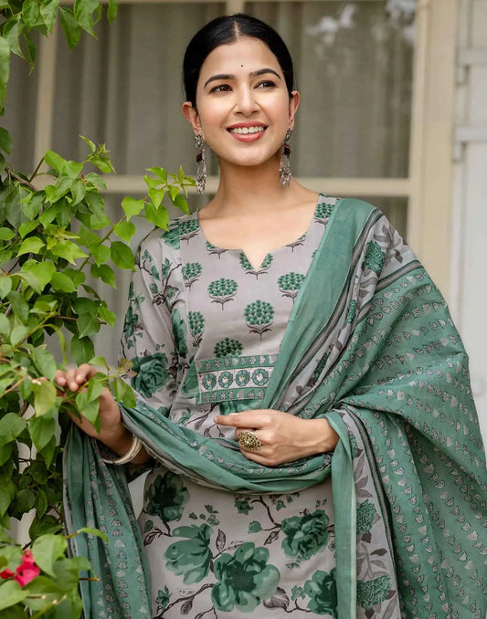 Grey Cotton Printed Straight Kurta Set with Pant and Dupatta